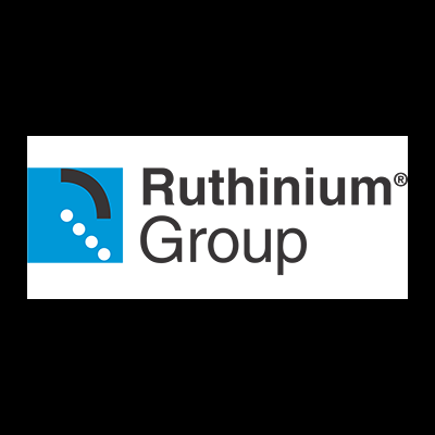 Logotipo da empresa Ruthinium Group com símbolo azul, preto e branco
