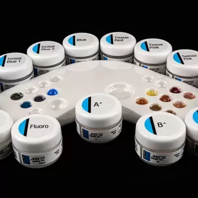 Jars of paint labeled with various color names surrounding a white ceramic palette with paint wells