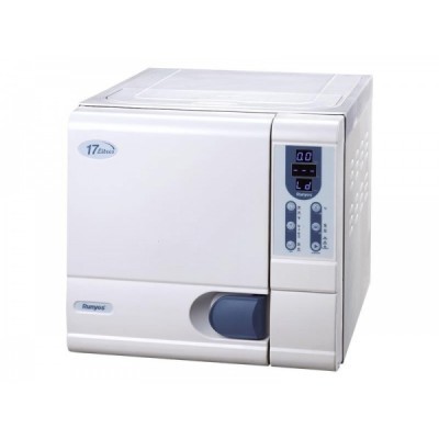 Esterilizador autoclave branco com painel digital azul e detalhes em cinza