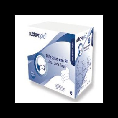 Caixa branca e azul de máscaras com texto e gráfico de máscara azul.