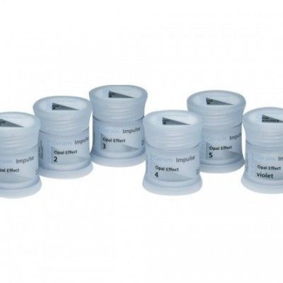 Seis potes brancos com tampas transparentes e etiquetas com texto Opal Effect e números