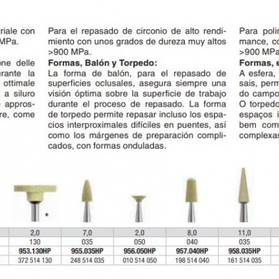 Catálogo de ferramentas de polimento de zircónio com pontas de borracha amarelas e brancas e texto técnico em várias línguas.