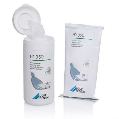 Embalações do produto de desinfeção FD 350 da Dürr Dental, branco com imagem de cadeira dentária azul.