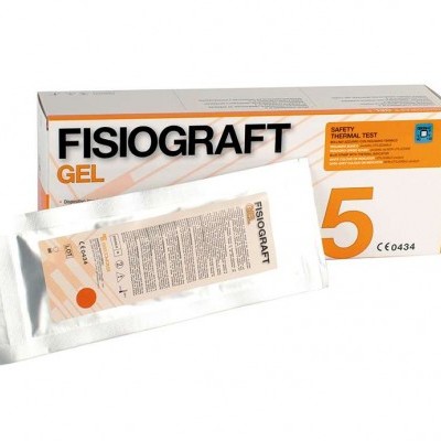 Caixa de gel Fisiograft branca e laranja com embalagem individual prata e ficha explicativa.