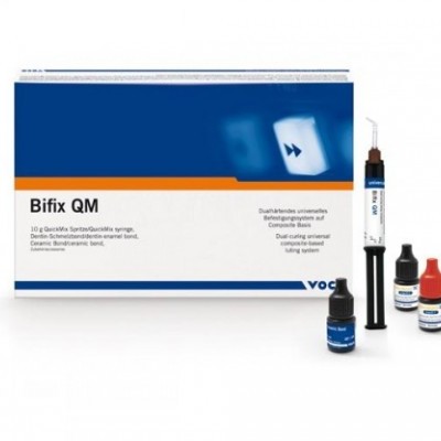 Kit de produto Bifix QM com seringa e frascos, em embalagem branca, azul e laranja