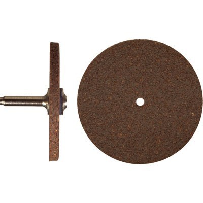 Disco abrasivo marrom com eixo metálico visto de frente e de lado