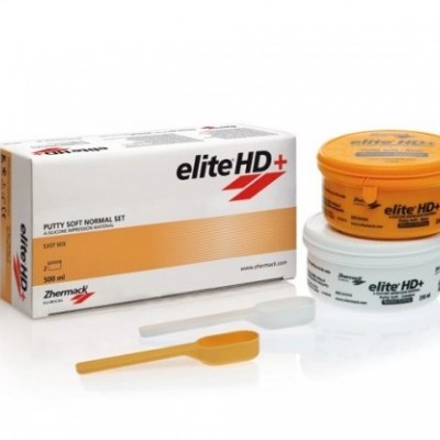 Conjunto de massa de silicone elite HD+ com duas caixas plásticas, embalagem branca e laranja, e duas espátulas.