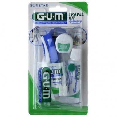 Kit de viagem GUM com escova, pasta dentífrica, fio dentário e palitos