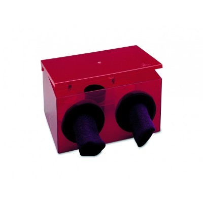 Caixa vermelha com duas meias pretas saindo de aberturas frontais