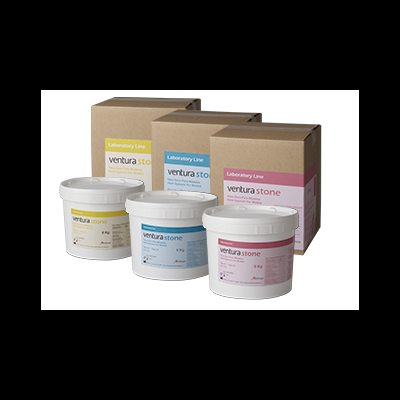 Recipientes plásticos e caixas de papelão com rótulos coloridos de produtos Ventura Stone