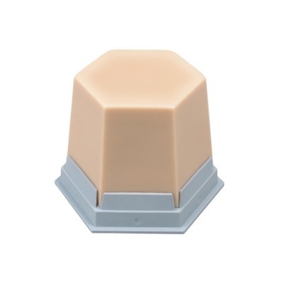 Produto hexagonal bege com base cinzenta sobre fundo branco