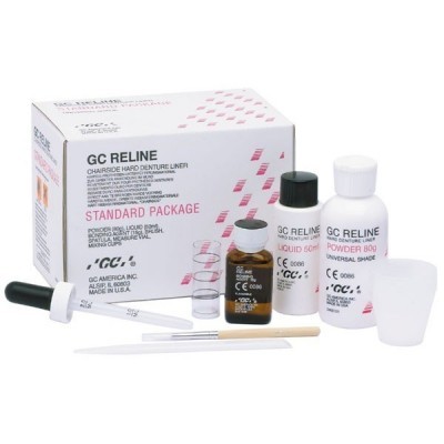 Kit GC RELINE para ajuste de dentaduras com frascos, pincéis, copo e caixa.