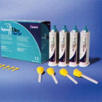 Kit dentário com seringas brancas, acessórios amarelos e caixa azul 