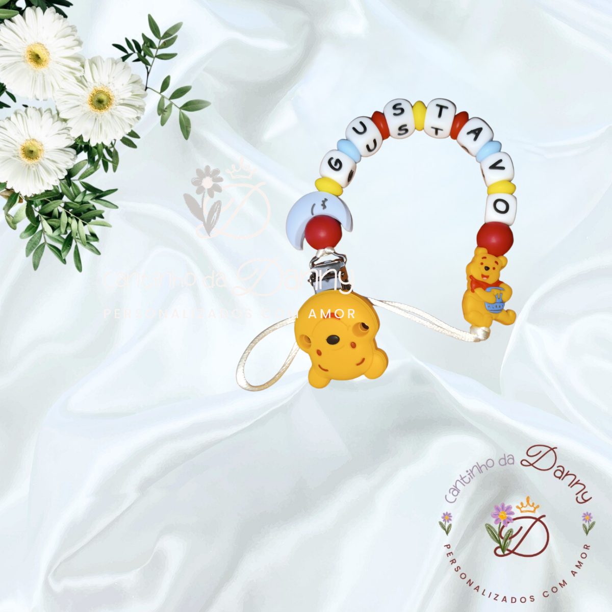 Prendedor de chucha colorido personalizado com nome e urso