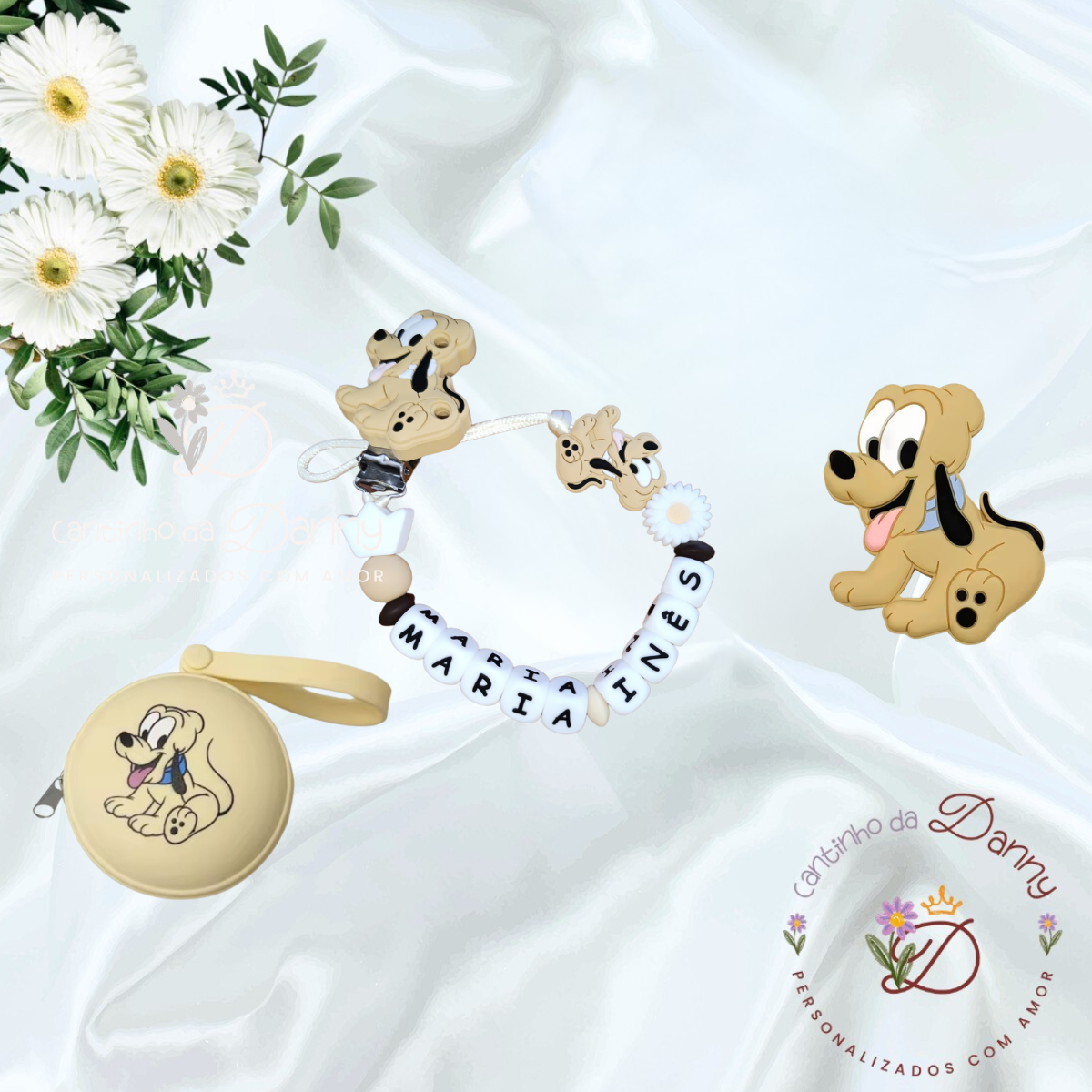 Acessórios de silicone para bebé com design do cão Pluto e nome MARIA INÊS