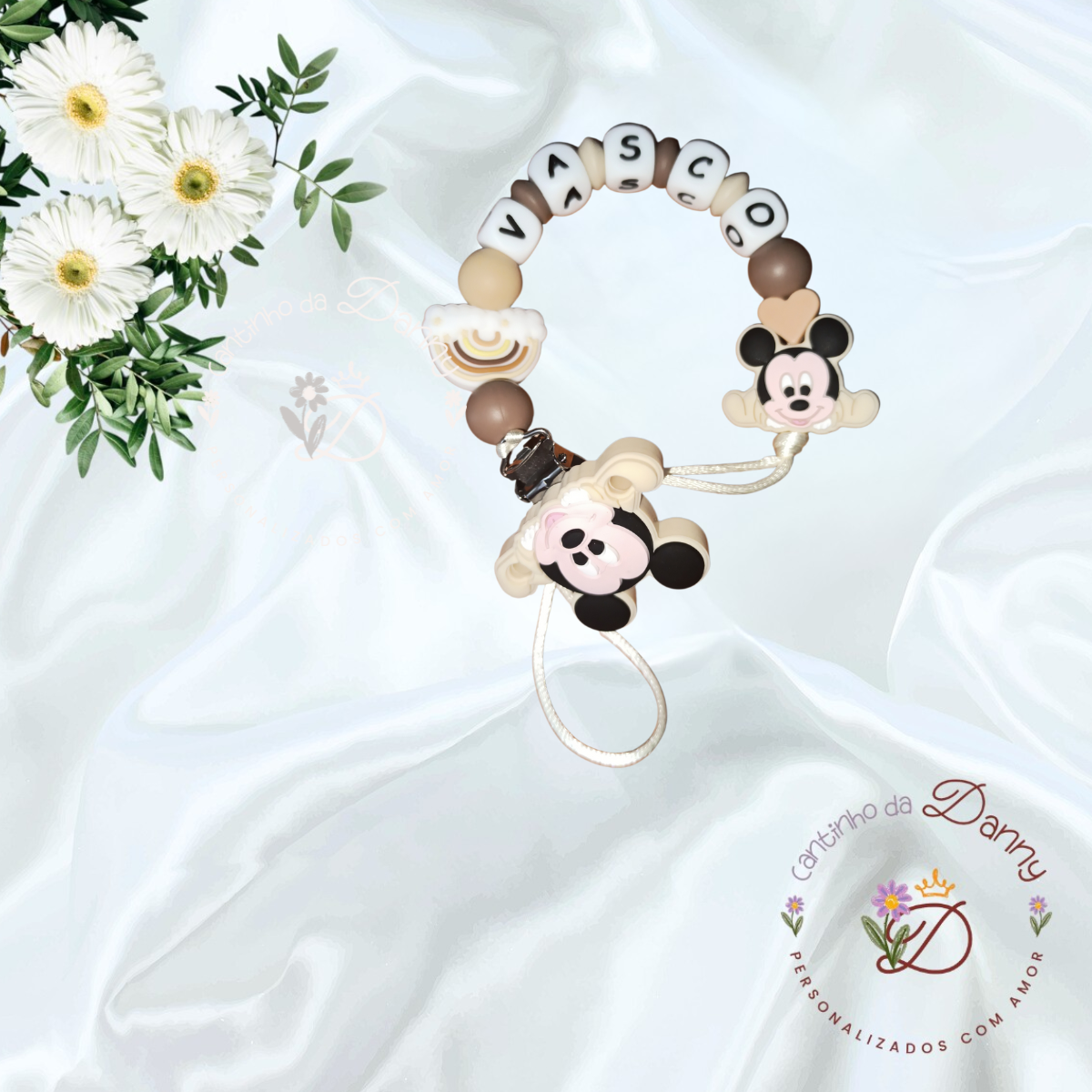 Prendedor de chupeta personalizado com nome Vasco e figuras de Mickey Mouse em silicone