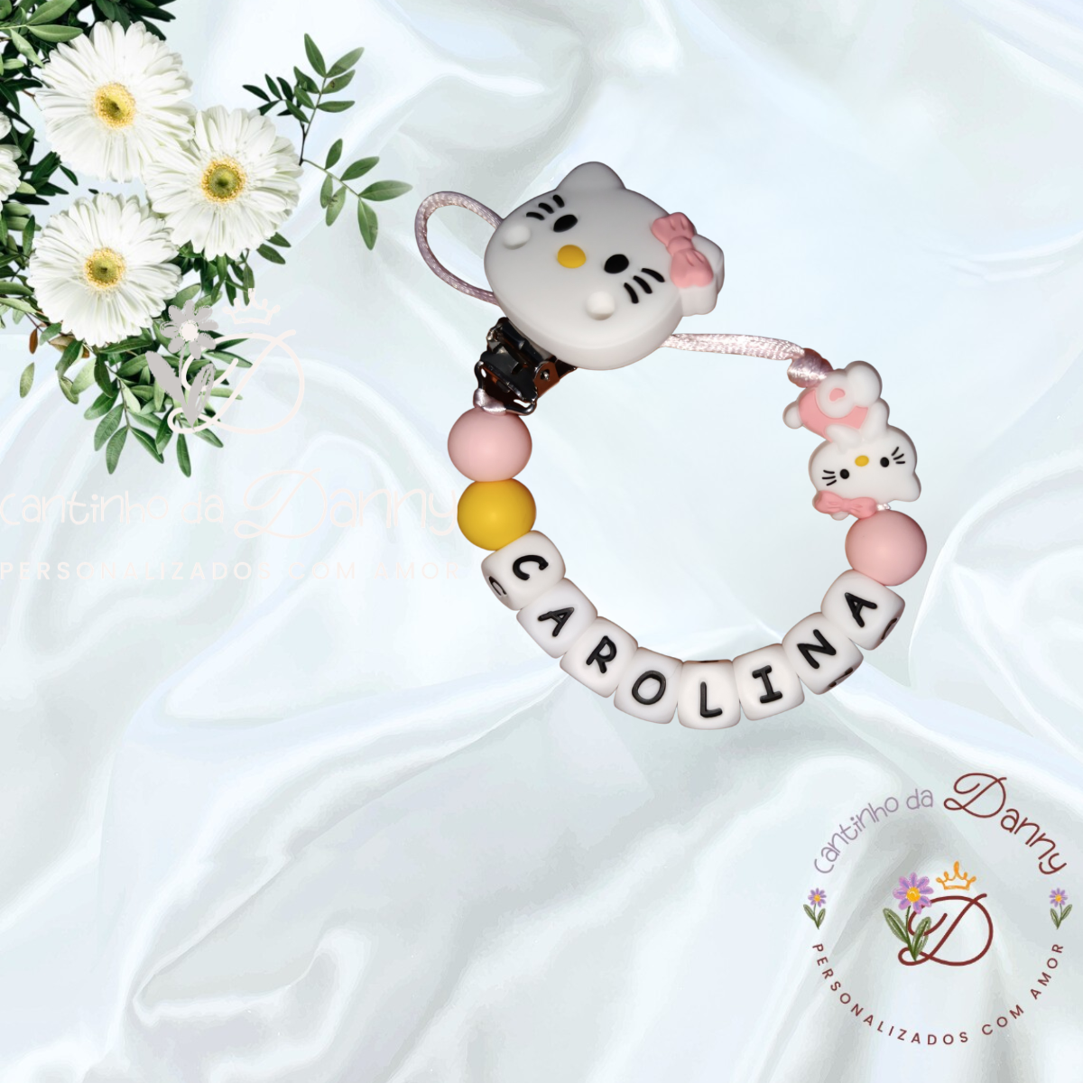Clips de silicone para chupeta com nome Carolina e desenho de gato branco com laço cor-de-rosa