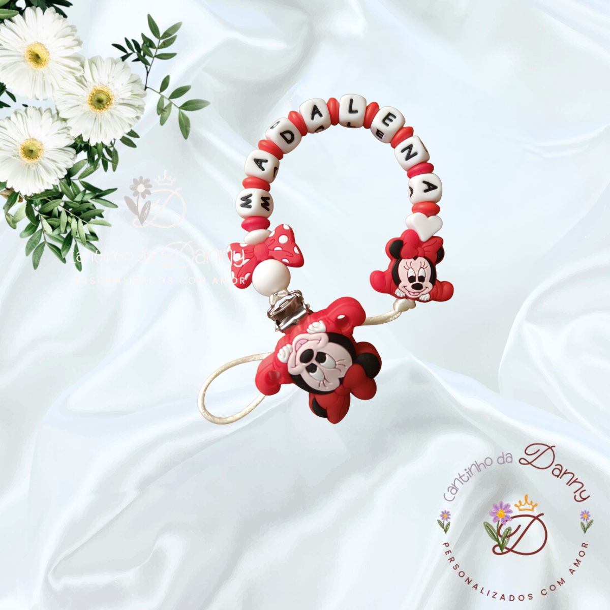Pulseira personalizada para bebé com nome MADALENA e figura da Minnie Mouse
