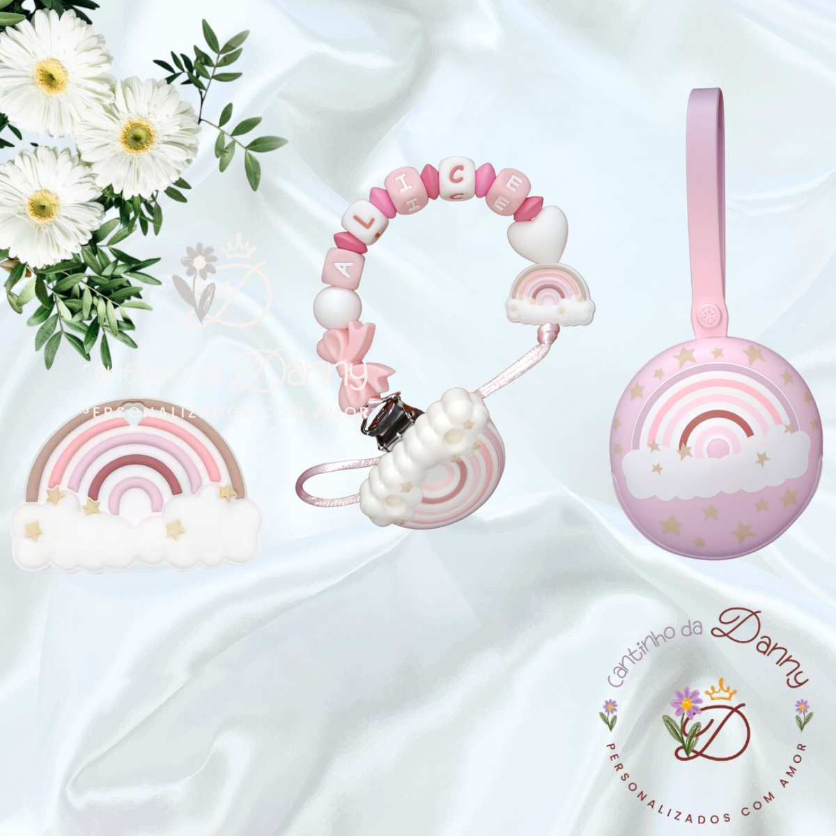 Acessórios para bebé com tema de arco-íris em rosa e branco