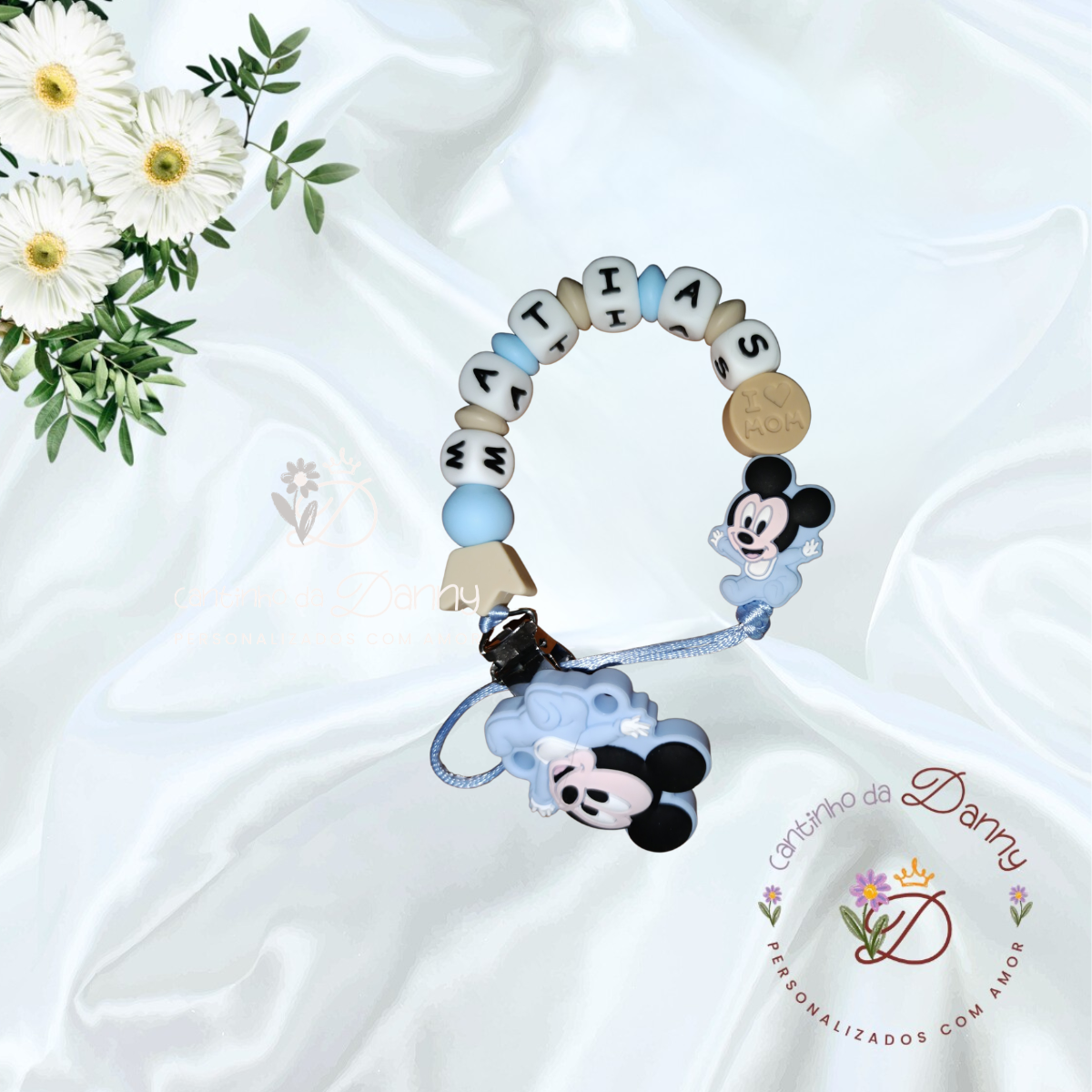Mordedor colorido com letras, Mickey Mouse e conta em silicone com texto I ♥ MOM
