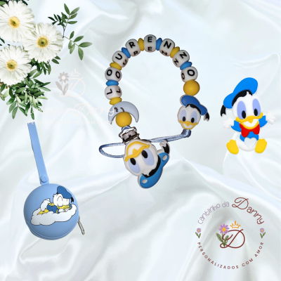 Acessórios para bebé Pato Donald em silicone azul, amarelo e branco com contas e personagens