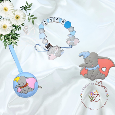 Acessórios de bebé Dumbo silicone azul e cinzento sobre tecido branco