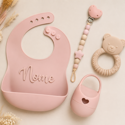 Utensílios para bebé em silicone rosa claro com babete, chupeta e mordedor em forma de ursinho