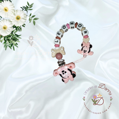 Prendedor para chupeta personalizado com o nome LEONOR e figuras da Minnie cor-de-rosa