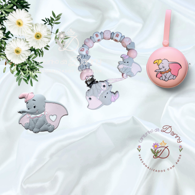Conjunto de acessórios infantis de silicone com tema Dumbo em rosa e cinza