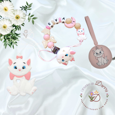 Conjunto de acessórios para bebé com tema de gatinho em silicone rosa e branco