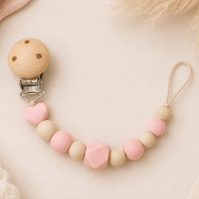 Prendedor de chucha com contas de silicone rosas e bege e clip de madeira