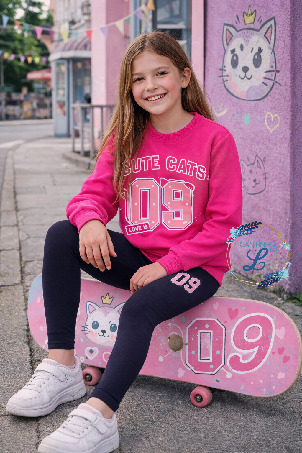 Conjunto Menina “Cute Cats 09” – 4 aos 14 Anos | Primavera Verão Rapaz jovem com roupas rosa e preta sentada num skate com desenho de gato