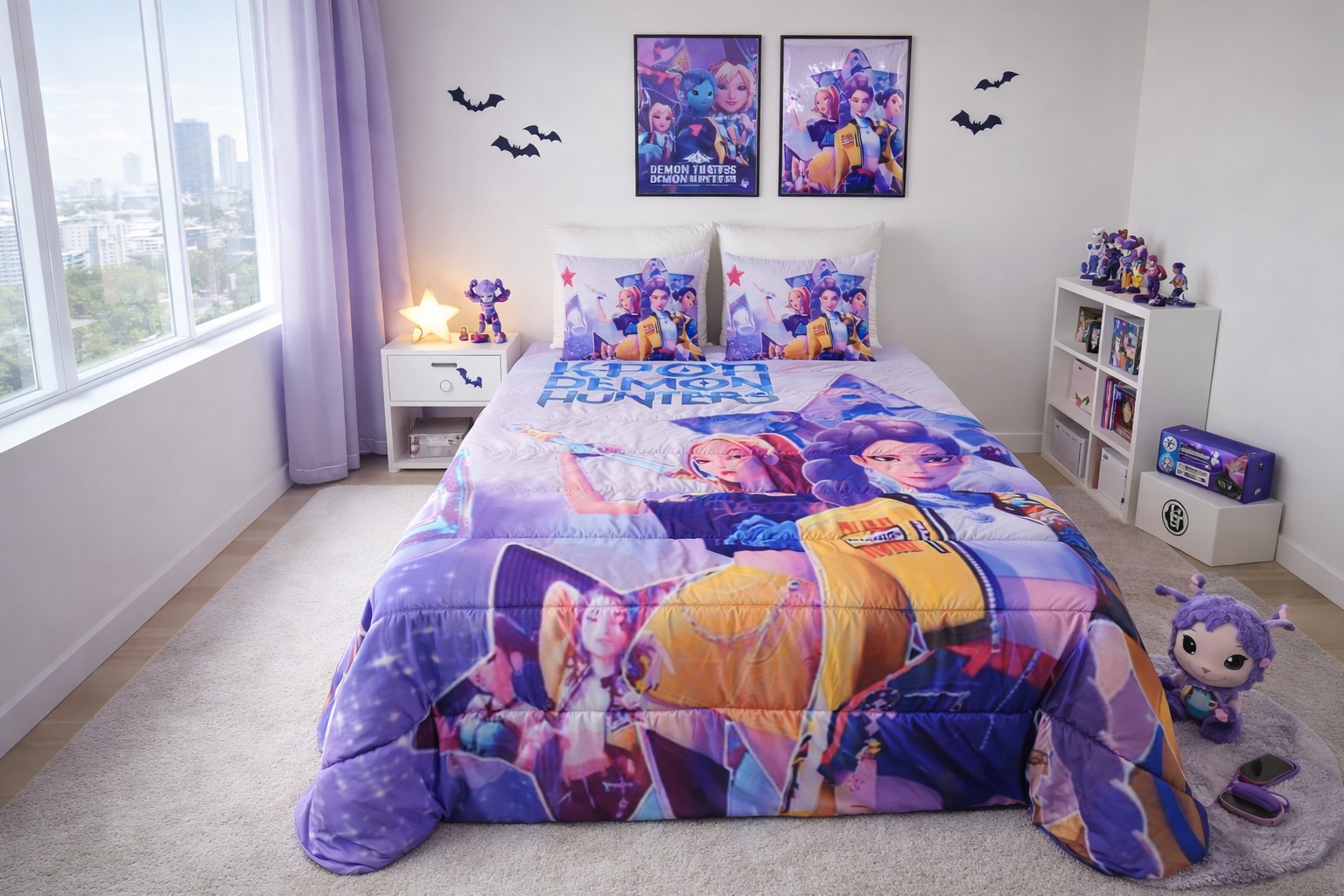 Edredão K-Pop com Estampagem Digital – Roupa de Cama Juvenil Conjunto de cama com colcha e fronhas estampadas em roxo, azul e amarelo com personagens de desenho, quarto decorado com bonecos e adesivos de morcegos.
