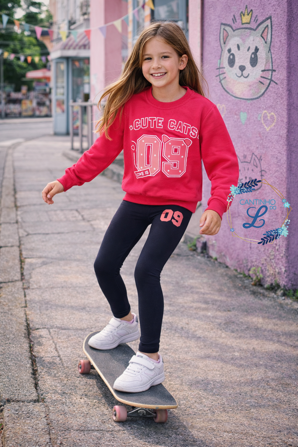 Conjunto Menina “Cute Cats 09” – 4 aos 14 Anos | Primavera Verão Menina com camisola vermelha e leggings pretas a andar de skate num passeio urbano com muro roxo e graffiti de gato.