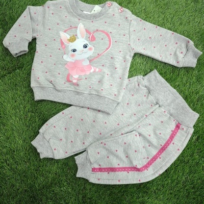 Conjunto de roupa infantil cinza com pontos cor-de-rosa e estampa de coelho princesa em fundo de relva