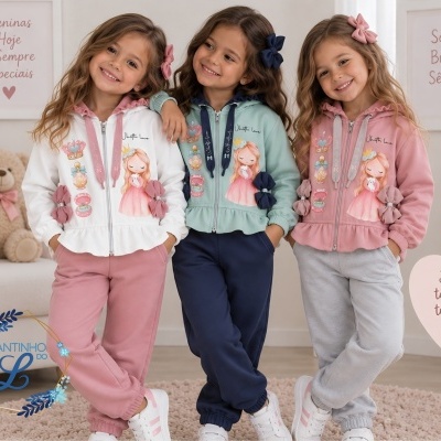 Três meninas vestem fatos de treino coloridos com capuz, laços e estampas, sorrindo em ambiente acolhedor com decoração infantil.