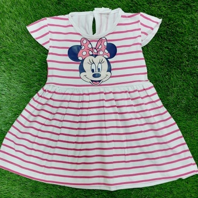 Vestido infantil listrado rosa e branco com estampa da Minnie Mouse