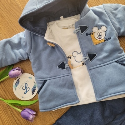 Conjunto de roupa de bebé azul e branco com estampa de rato, colocado sobre mesa de madeira com tulipas e cartão