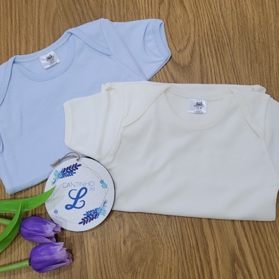 Dois bodies de bebé azul claro e branco sobre madeira com flores roxas e etiqueta redonda