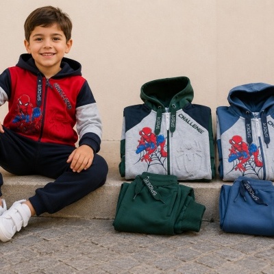 Fatos de treino infantis com capuz e estampagem Homem-Aranha em várias cores.