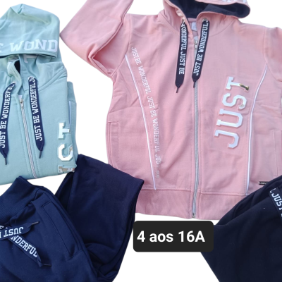 Conjuntos infantis com casacos ziper rosa, azul claro e azul escuro e calças azuis escuras