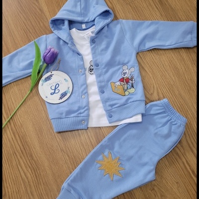 Conjunto infantil azul claro com casaco com capuz e calças e t-shirt branca, com embalagem e flor lilás, sobre pavimento de madeira