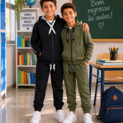 Dois rapazes com fatos de treino preto e verde-oliva numa sala de aula com estante, quadro e mochila azul