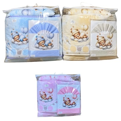 Conjuntos de roupa de cama para bebé azul, bege e rosa com ursinhos e balões em embalagem transparente