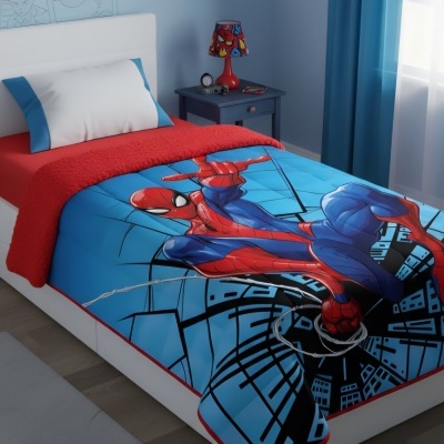 Colcha azul com padrão Spiderman em cama branca com almofada branca e laterais azuis e edredão vermelho, mesa de cabeceira azul com candeeiro vermelho e abajur colorido