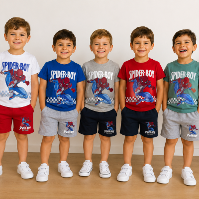 Conjuntos infantis Spider-Boy com t-shirts e calções coloridos em fundo claro.