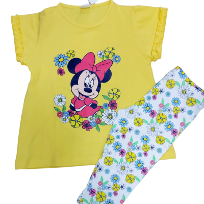 Conjunto infantil t-shirt amarela com estampado da Minnie e calças florais coloridas