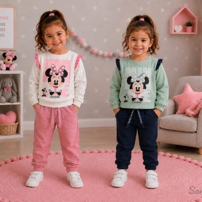 Duas meninas de fato de treino Minnie Mouse rosa e azul em quarto infantil com decoração rosa