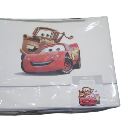 jogo de cama infantil branco com personagem Cars em embalagem transparente