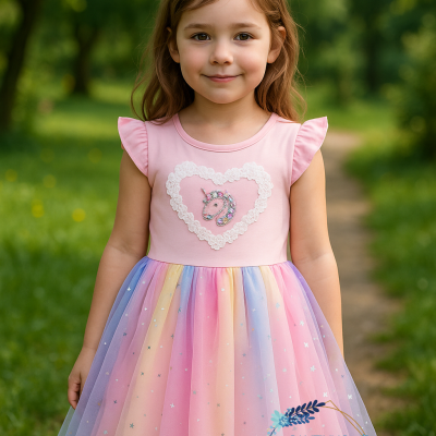 Vestido infantil rosa com unicórnio e saia colorida em tule com estrelas